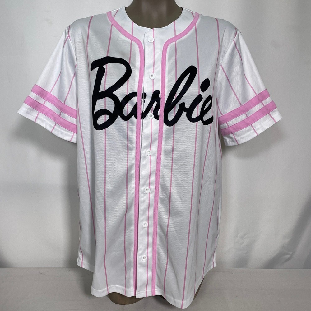 Barbie #59 White Pink Pinstripe Button Up Baseball Jersey Women's SMALL